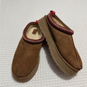 UGG Tan Suede Slip-Ons with Red Stitching